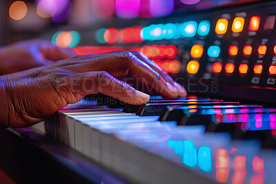 Hands, piano keys and playing in closeup with light for jazz music with recording, skill and glow. Art, dark and instrument with artist for entertainment in studio with audio for classic song