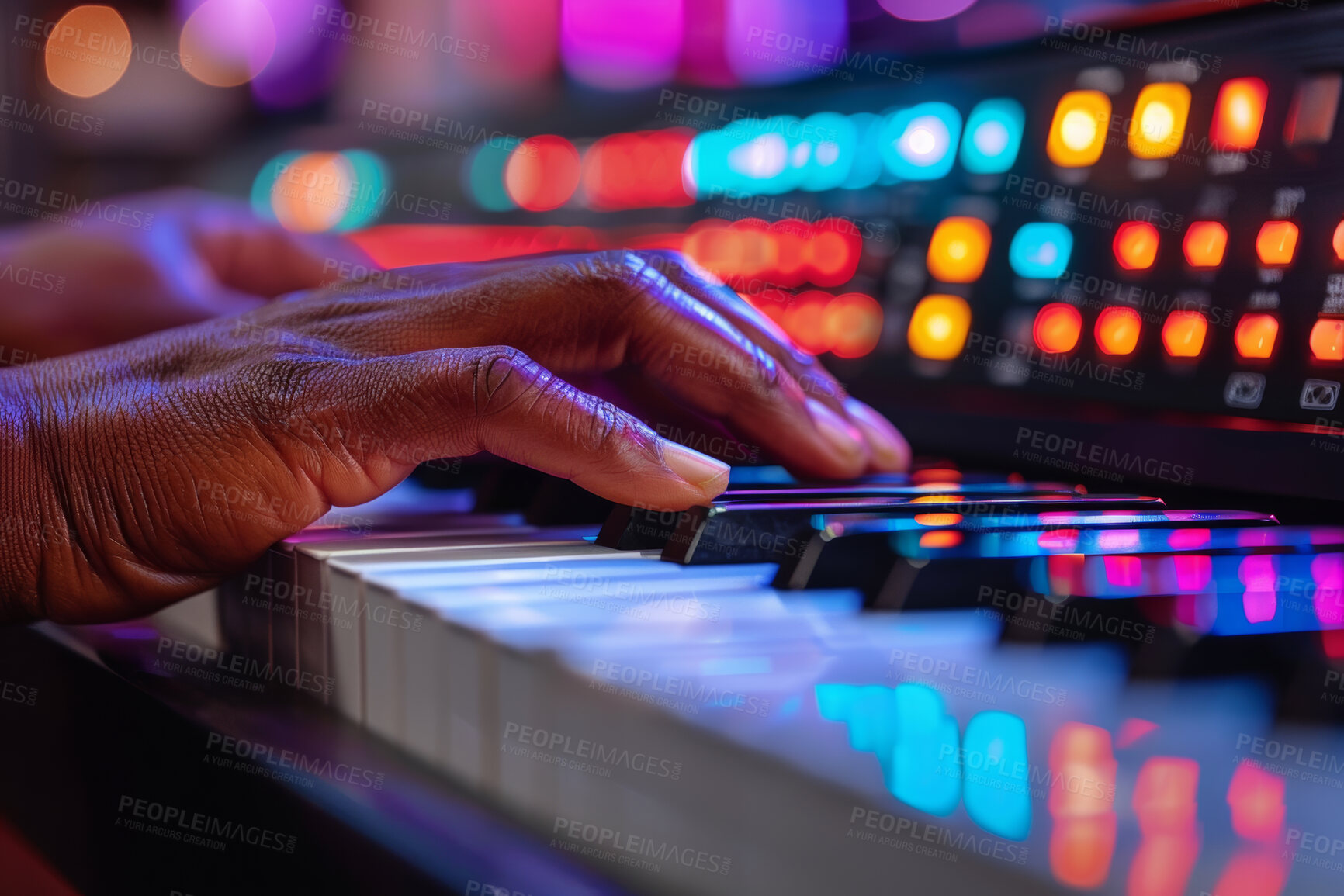 Buy stock photo Hands, piano keys and playing in closeup with light for jazz music with recording, skill and glow. Art, dark and instrument with artist for entertainment in studio with audio for classic song