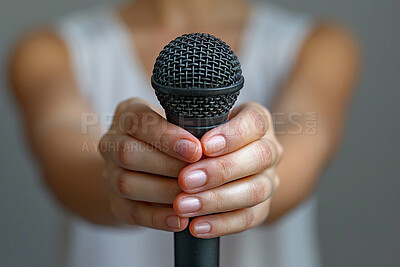 Person, hands and microphone for interview or performance with announcement, speech or podcast. Fingers, host and tv reporting or broadcasting for press information or news journalist, voice or audio