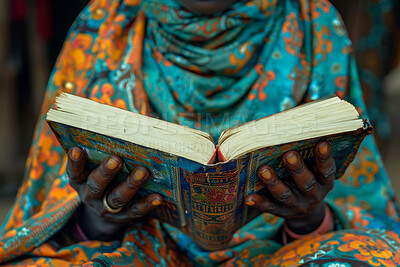 Hands, Quran and prayer with Muslim person at mosque closeup for culture, tradition or belief in Allah. Book, Islam or worship with devoted Arab adult praying to god for miracle, praise or trust