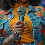 Hand Singer Hand, singer and woman with mic at event for singing, talking or ...