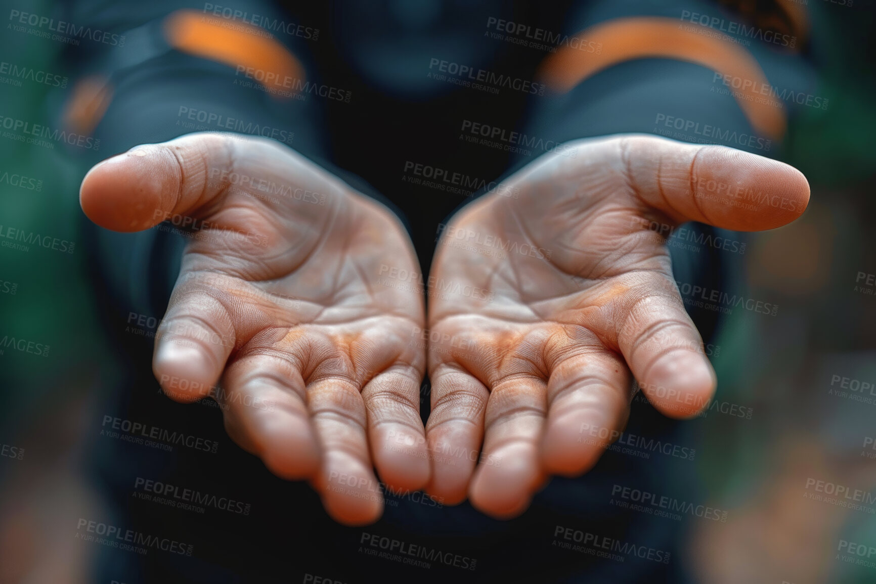 Buy stock photo Hands, charity and support with person begging for help and gratitude closeup for humanity to share. Community, poverty and donation with palms asking for aid, compassion or kindness to thank you