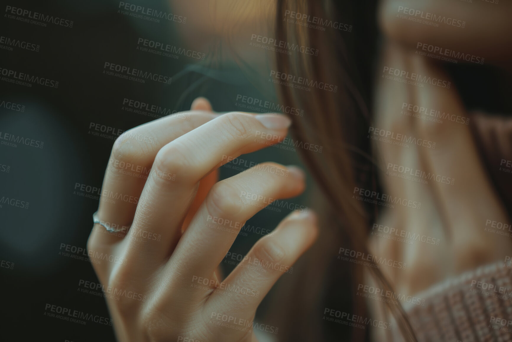 Buy stock photo Person, hands and nails for cosmetic manicure with skincare dermatology, wellness or jewellery. Fingers, ring and beautician with closeup of treatment for soft self care with elegant, clean or spa