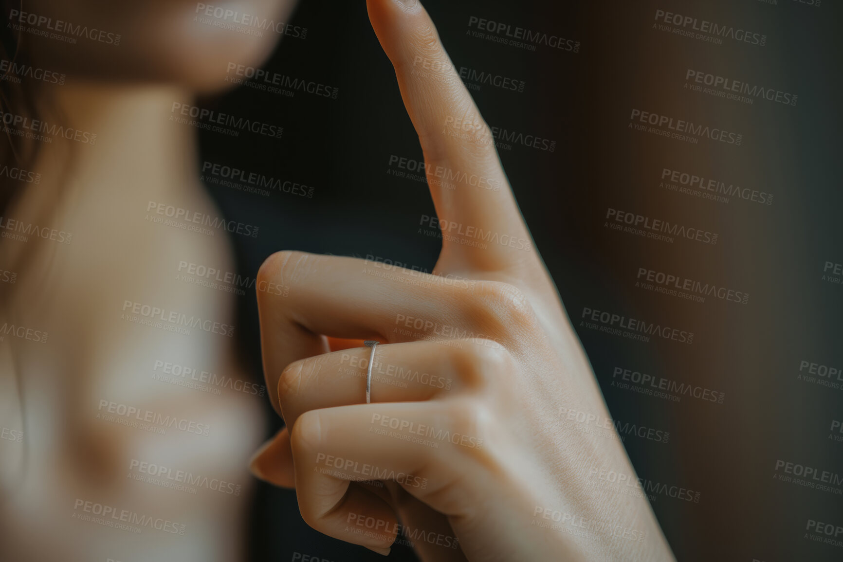 Buy stock photo Thinking, hands and woman with finger sign for insight, planning or problem solving inspiration in house. Aha, questions and person with decision, remember or solution choice, memory or conclusion