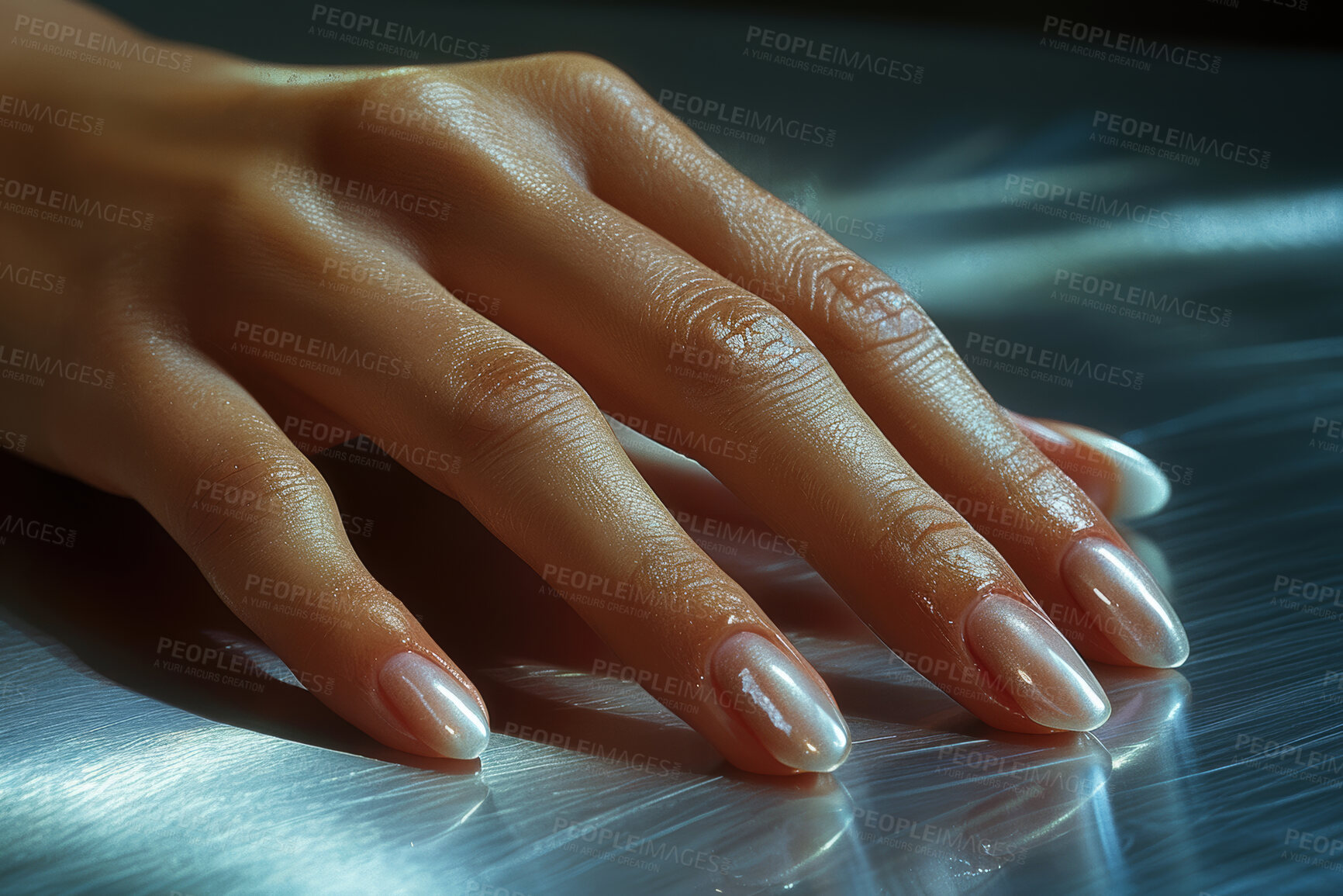 Buy stock photo Woman, hand or manicure in closeup for art or beauty, treatment on nails at spa. Female person or fingers with zoom and luxury at salon, cosmetic on metal or texture for self care or wellness