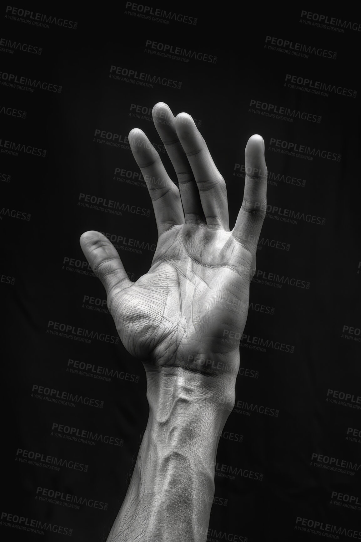 Buy stock photo Studio, reach and hand of man for support, faith and hope for connection with mental health. Power, touch and gratitude with strong arm on black background for help with trauma, stress and anxiety