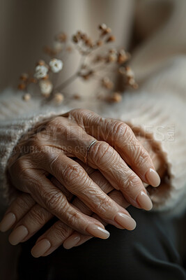 Elderly woman, hands and nails with manicure for self care, spa day and grooming at nursing home. Beauty, fingers and senior person with plant in cosmetics for natural treatment, shine and growth