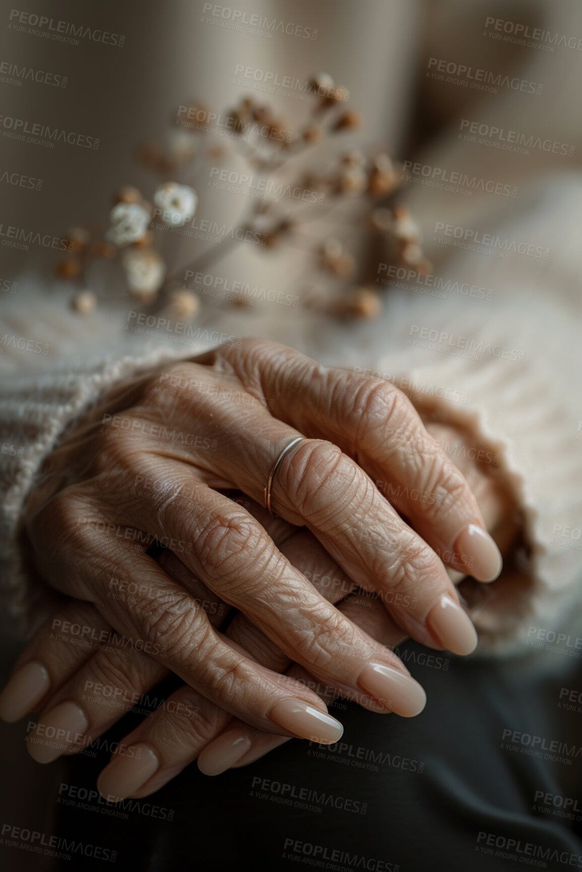 Buy stock photo Elderly woman, hands and nails with manicure for self care, spa day and grooming at nursing home. Beauty, fingers and senior person with plant in cosmetics for natural treatment, shine and growth