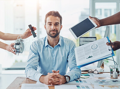 Buy stock photo Portrait of a young businessman looking calm in a demanding office environment