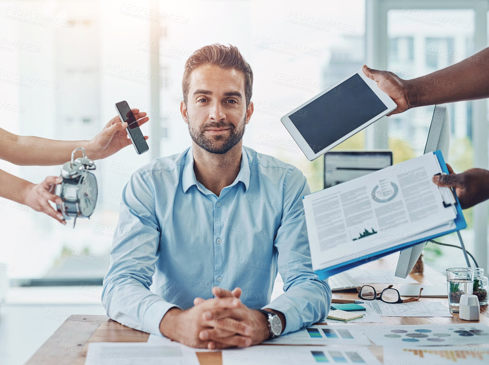 Buy stock photo Portrait, multitask and calm business man with time management, deadline or ignore pressure of stress. Face, coworking and confident manager relax in peace with tech, clock or data analysis in office