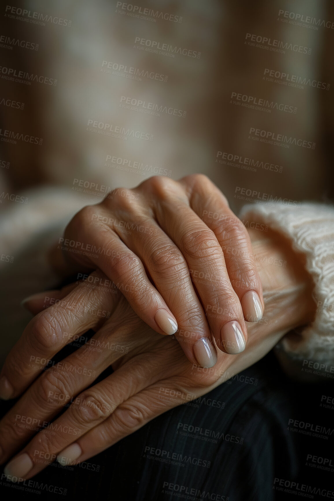 Buy stock photo Senior woman, nails and hands with manicure for self care, spa day and treatment at nursing home. Fingers, beauty and elderly person with cosmetics in retirement for grooming, growth and shine