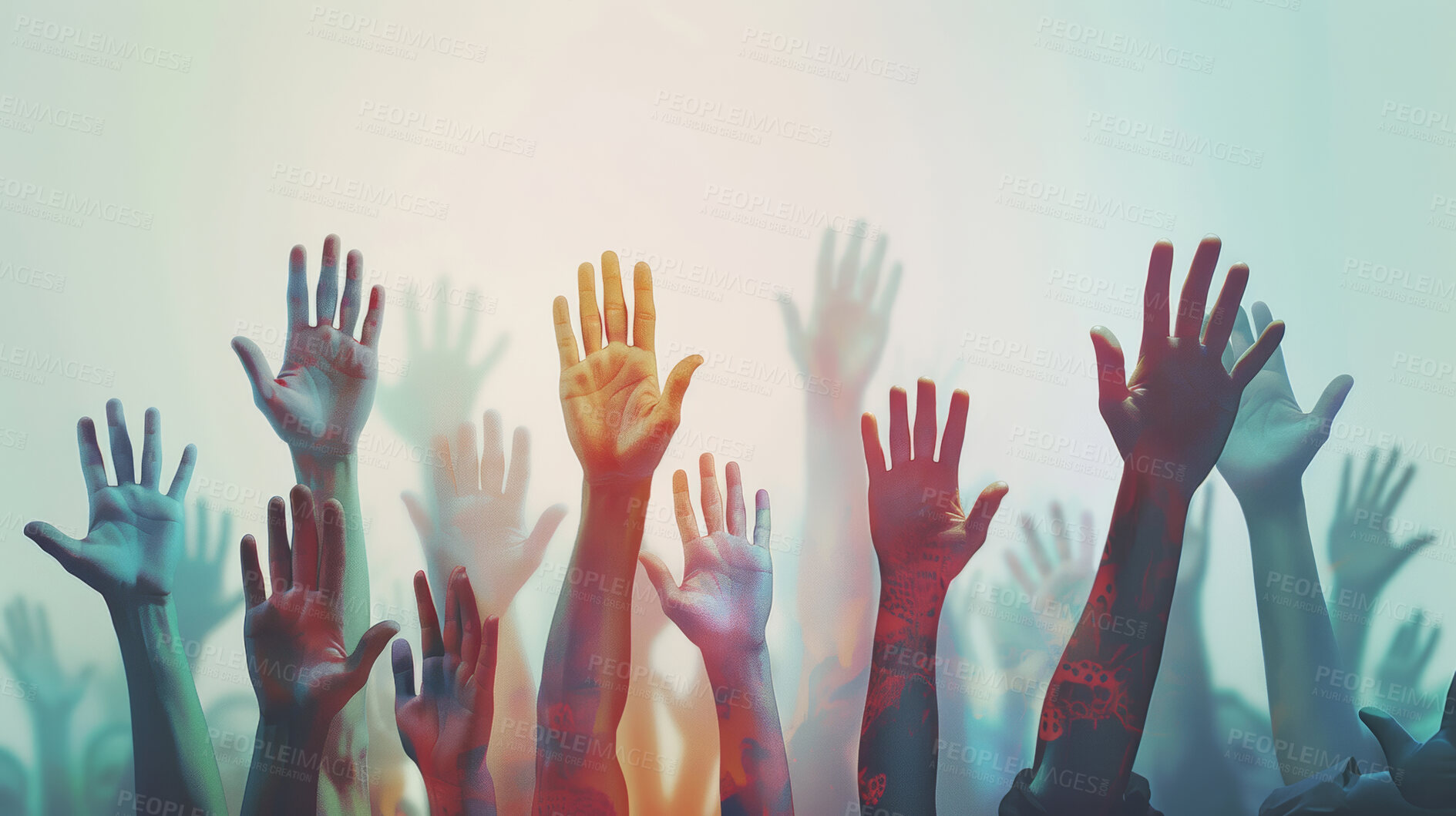 Buy stock photo Hands up, crowd and audience in celebration at festival with community wave at event on neon light. Group, fingers and people with palm raised at music concert for success, winner and dance party