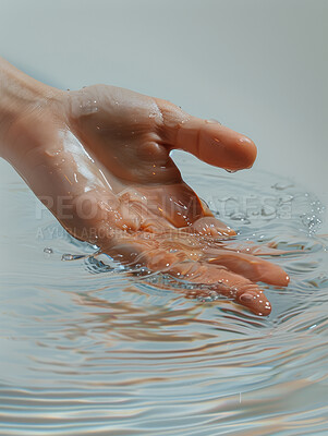 Hand, hydration and person touching water closeup for hygiene, sustainability or wellness. Fingers, palm and skin with adult cleaning in body or pool of liquid for purity, skincare or washing