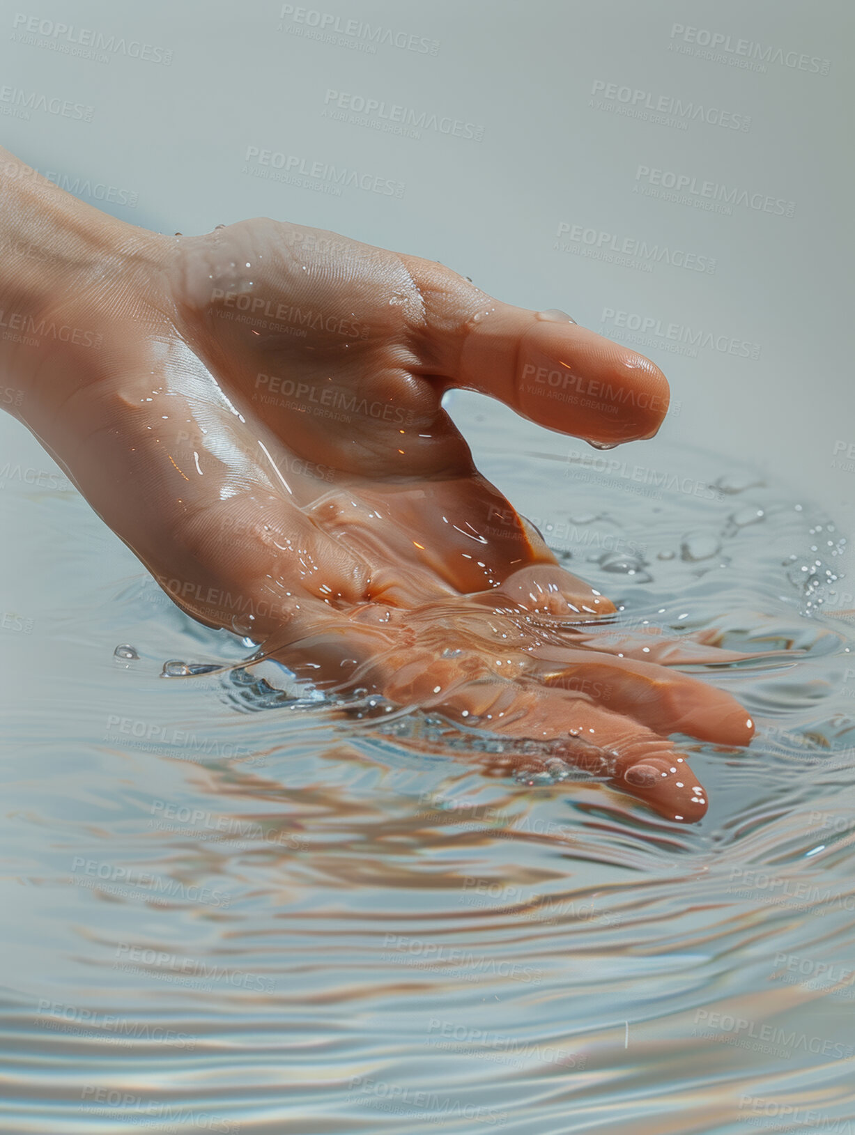 Buy stock photo Hand, hydration and person touching water closeup for hygiene, sustainability or wellness. Fingers, palm and skin with adult cleaning in body or pool of liquid for purity, skincare or washing