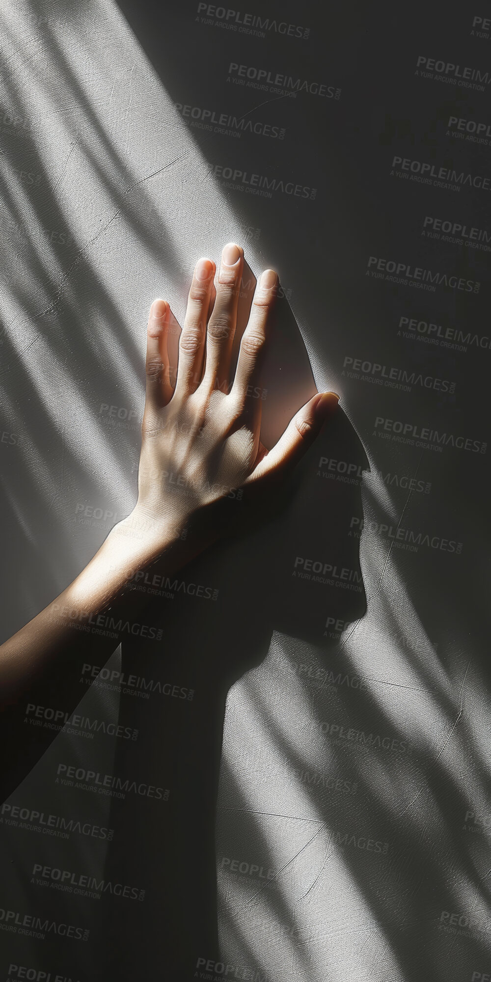 Buy stock photo Touch, shadow and hand of person for help, support and hope for faith and connection in mental health. Arm, reach and space for crisis, healing and relief from anxiety or stress by wall in house