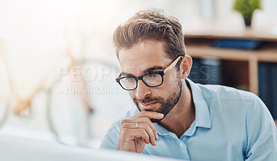 Buy stock photo Glasses, smile and man in office, computer and market research for social media manager, online and reading. Thinking, digital and working for agency, ideas and goal of project in morning and desk