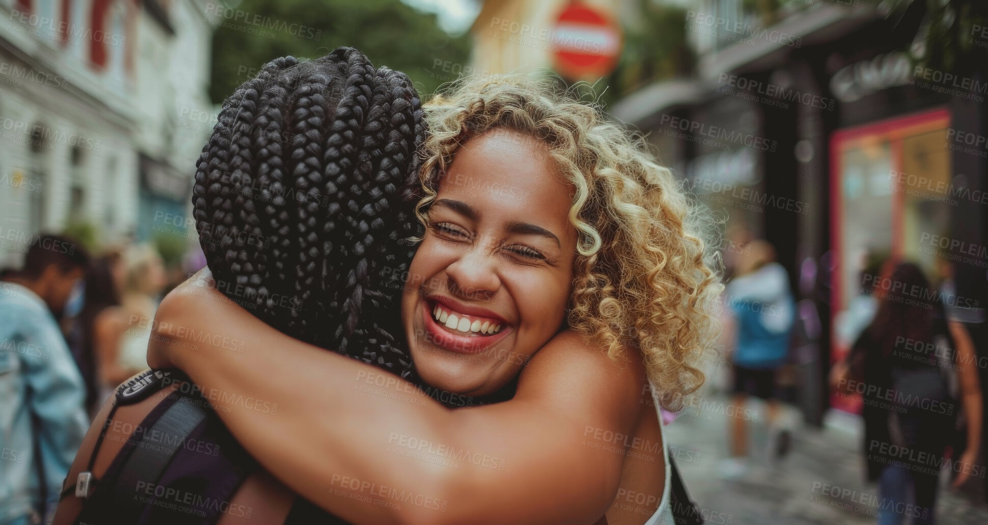 Buy stock photo Friends, girls and hug in New York city for happy reunion, meeting or adventure for holiday. Face, female people and bonding on street with smile or international travel, journey or vacation