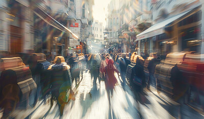 People, crowd and city walking as motion blur or travel in Italy as population density, street or buildings. Infrastructure, busy and workforce commute or tourism sidewalk or community, fast or speed
