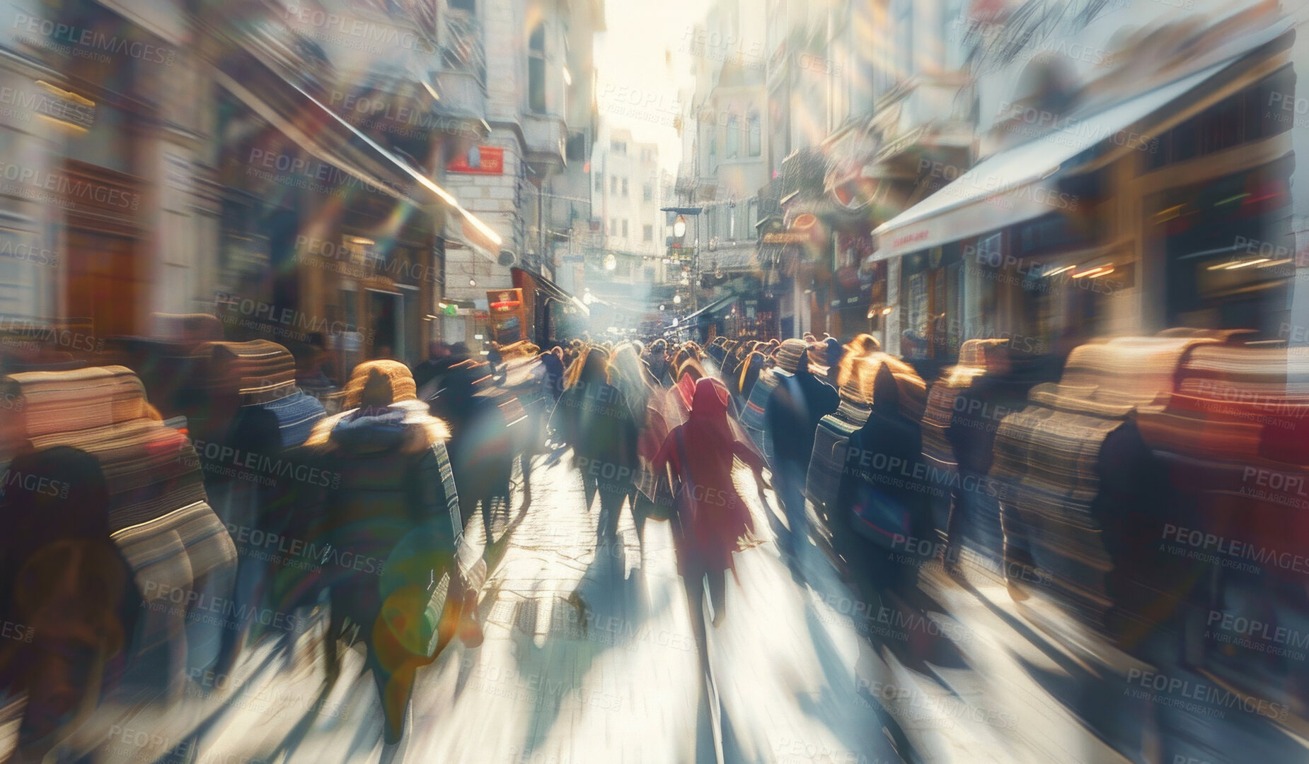 Buy stock photo People, crowd and city walking as motion blur or travel in Italy as population density, street or buildings. Infrastructure, busy and workforce commute or tourism sidewalk or community, fast or speed