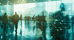 Office, lobby and double exposure with walking of business people for corporate, travel and journey. Company, bokeh and professional employees for job, window and graphic of movement at workplace