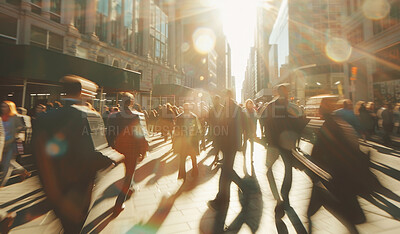 Motion blur, walking and together on city street, businesspeople and commute in New York. Pedestrians, journey and travelling to job or home, daily life and white collar workers in urban town