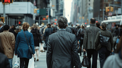 People, walking together in city with crowd, street and businesspeople commute in New York on sidewalk. Pedestrians, journey and travelling to job, rush hour and daily life with white collar workers