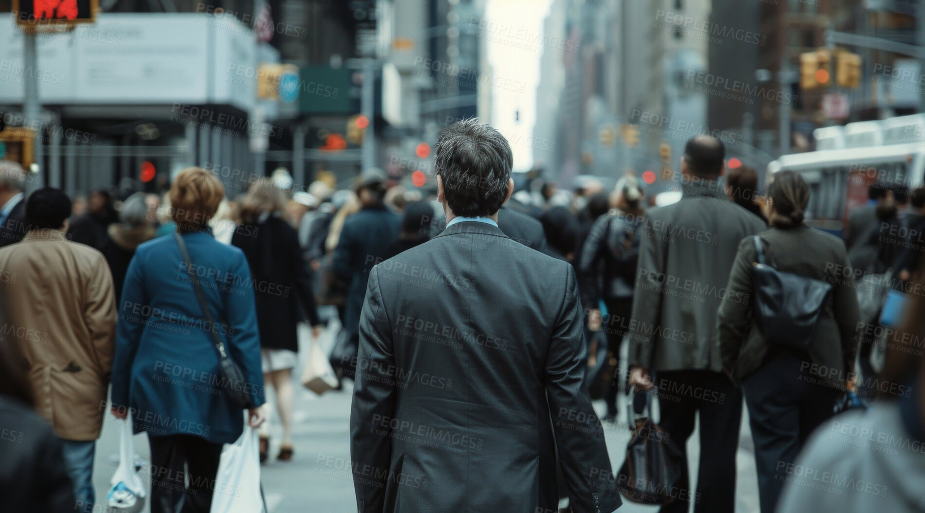 Buy stock photo People, walking together in city with crowd, street and businesspeople commute in New York on sidewalk. Pedestrians, journey and travelling to job, rush hour and daily life with white collar workers