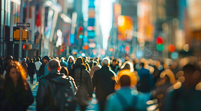 People, walk and together in city with crowd, street and businesspeople or tourists commute in New York. Metropolis, pedestrians and journey or travel, busy and daily life in urban town or outside