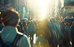 People, walking and together in city with crowd, street and businesspeople commute in Japan on sidewalk. Students, pedestrians, journey and travelling to job or school for daily life with routine