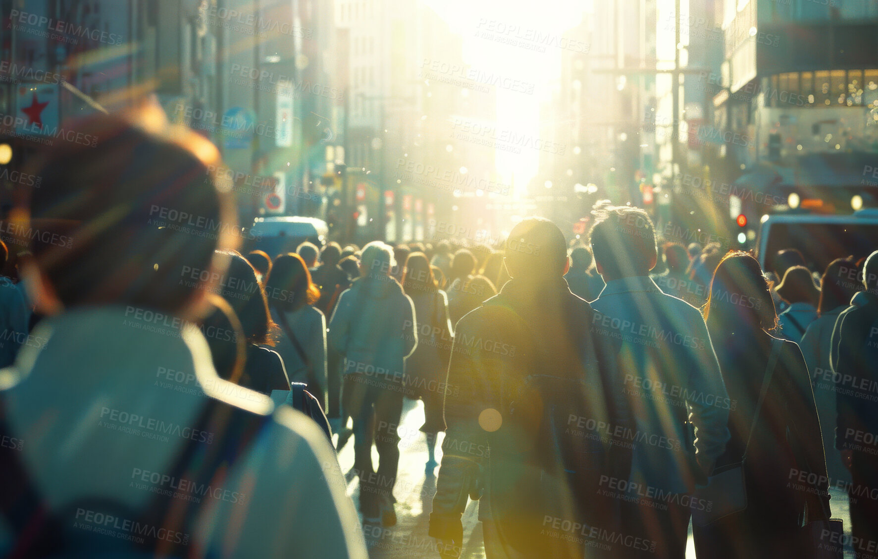 Buy stock photo People, walking and together in city with crowd, street and businesspeople commute in Japan on sidewalk. Students, pedestrians, journey and travelling to job or school for daily life with routine