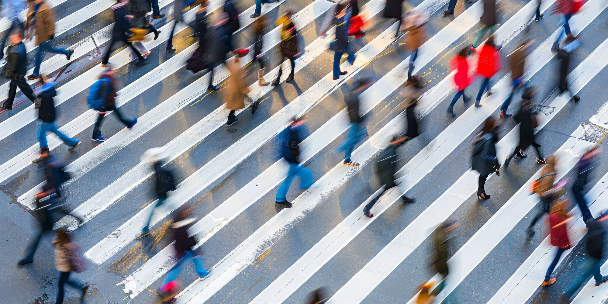 Buy stock photo Crosswalk, motion blur and crowd of people in city for morning rush hour commute from above. Hurry, road or travel with man and woman group outdoor in town for crossing asphalt street at start of day