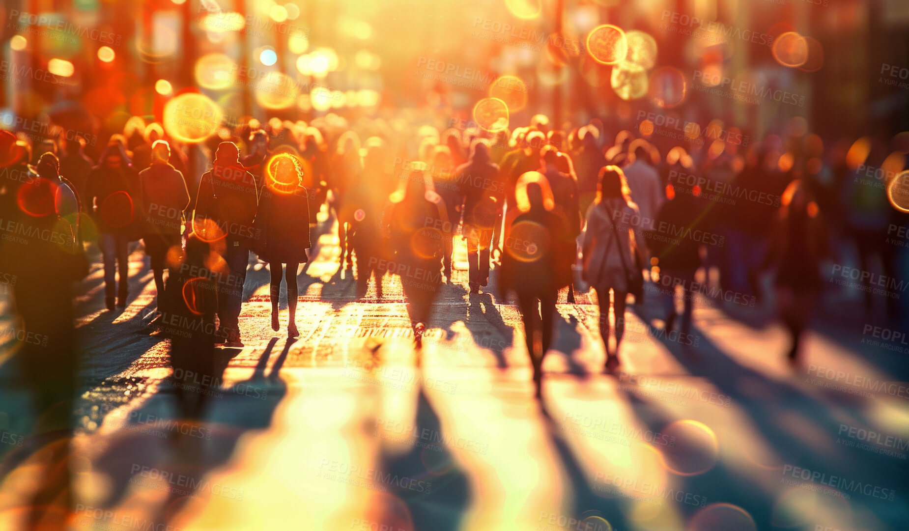 Buy stock photo Crowd, walking and together on city street, businesspeople and commute in New York. Pedestrians, journey and travelling to job or home, rush hour and daily life or white collar workers in urban town