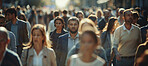 People, walking together in city with crowd, street and businesspeople commute in New York on sidewalk. Pedestrians, journey and travelling to job, rush hour and daily life with white collar workers