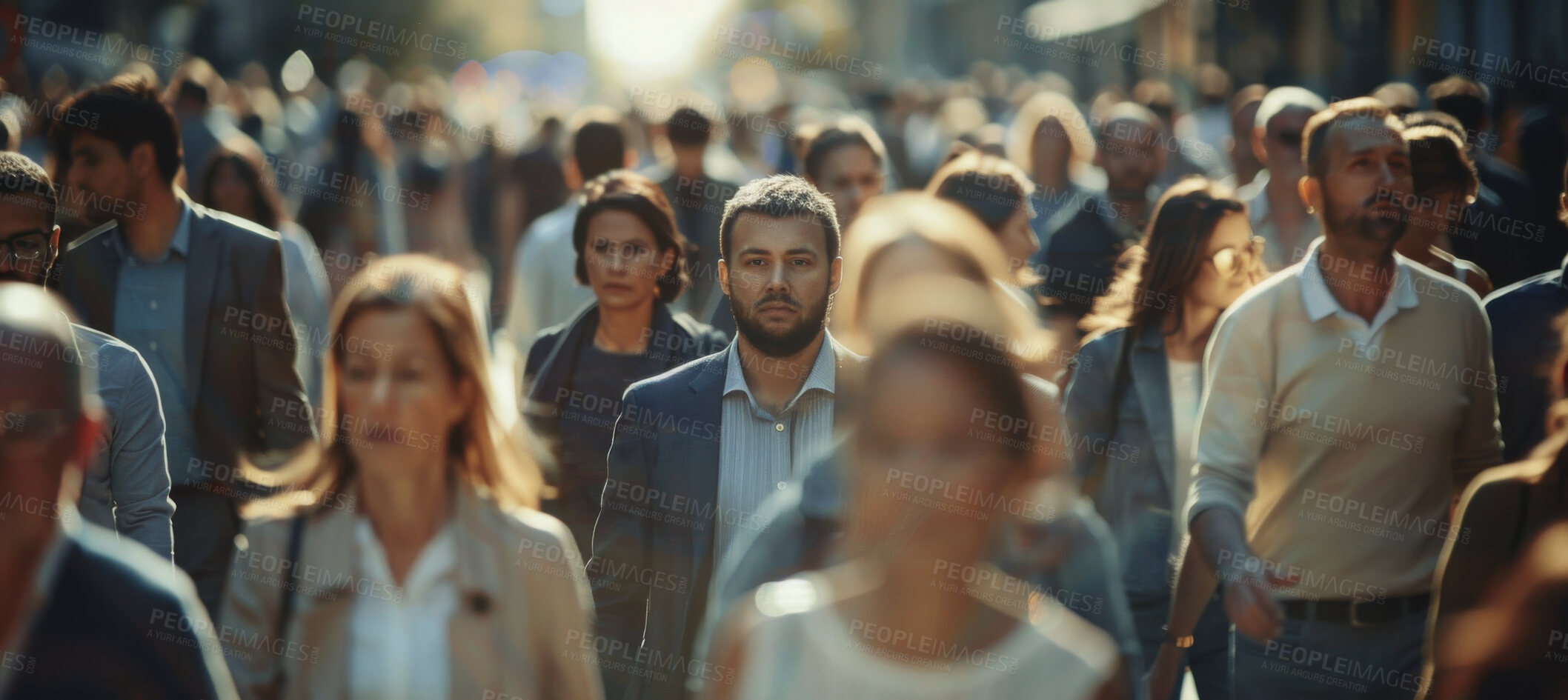 Buy stock photo People, walking together in city with crowd, street and businesspeople commute in New York on sidewalk. Pedestrians, journey and travelling to job, rush hour and daily life with white collar workers