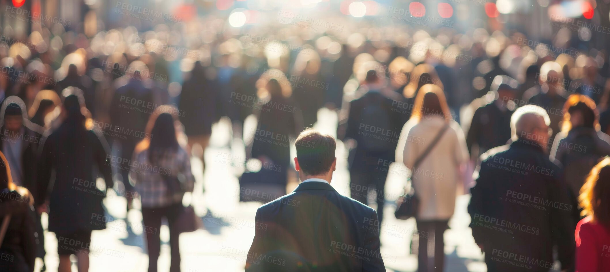 Buy stock photo Back, walk and city or together on street, businesspeople and commute in New York. Pedestrians, journey and travelling to job or home, rush hour and daily life or white collar workers in urban town