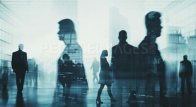 Window, business people and double exposure with walking in city for morning commute, corporate travel and journey. Building, professional employees and crowd with productivity for trip to workplace