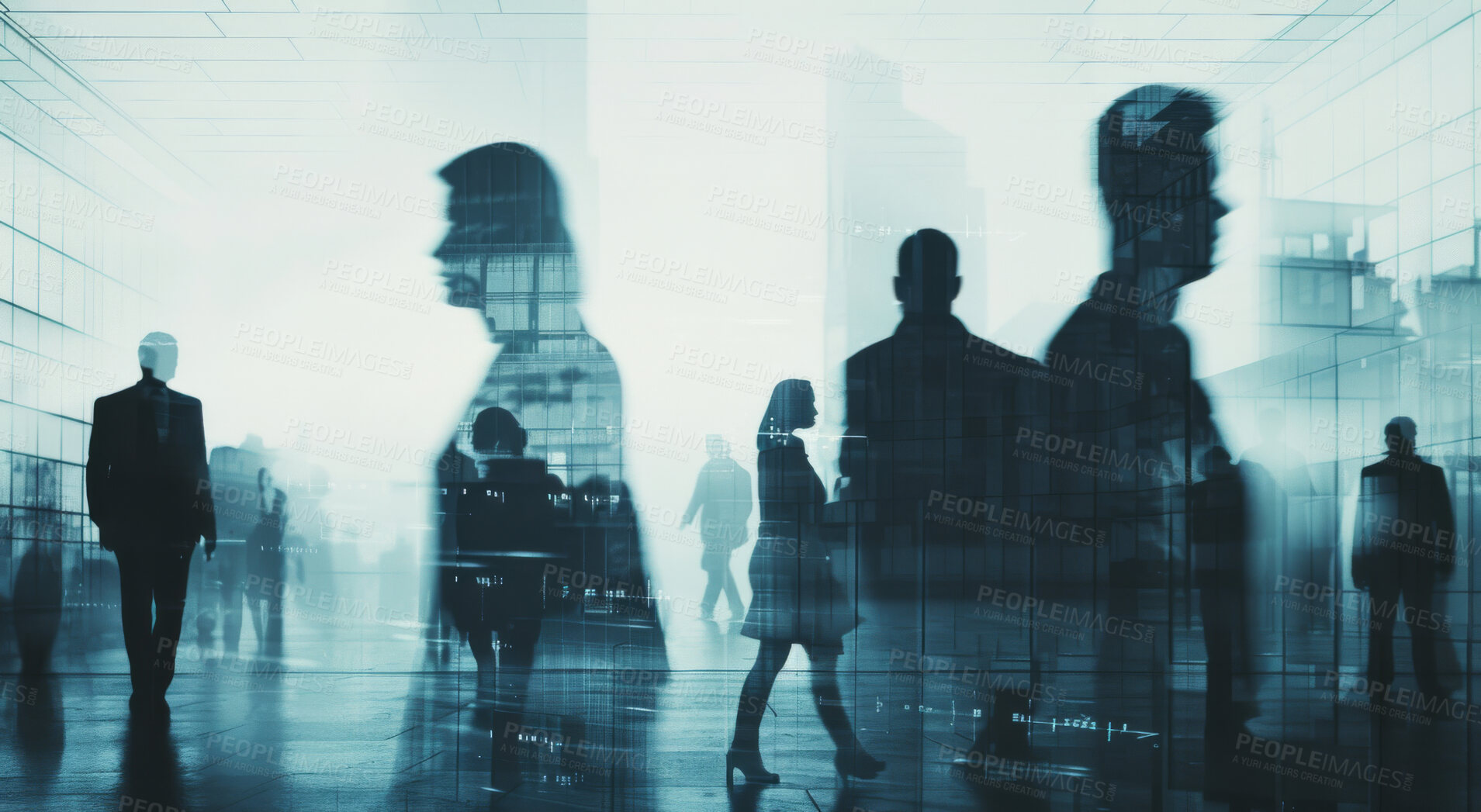 Buy stock photo Window, business people and double exposure with walking in city for morning commute, corporate travel and journey. Building, professional employees and crowd with productivity for trip to workplace