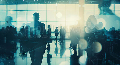 Window, lobby and double exposure with walking of business people for corporate, career and journey. Bokeh, light and professional employees in office for job, productivity and graphic of travel