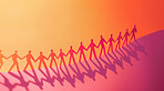 Teamwork, art or paper people holding hands on orange background for solidarity, support or change. Community, partnership or charity collaboration illustration, giving back or social responsibility 