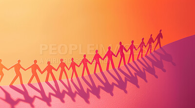 Teamwork, art or paper people holding hands on orange background for solidarity, support or change. Community, partnership or charity collaboration illustration, giving back or social responsibility