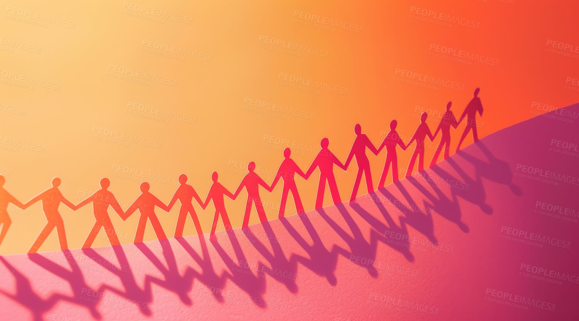 Buy stock photo Teamwork, art or paper people holding hands on orange background for solidarity, support or change. Community, partnership or charity collaboration abstract, giving back or social responsibility 