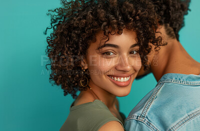 Buy stock photo Studio, couple and happy woman in portrait for love, affection and romance in blue background. African people, man and female person for bonding, trust and relationship with commitment in mockup