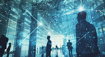 Link, business people and corporate networking for connection, community and office building lobby with overlay. Double exposure, wireframe and professional contact with digital transformation