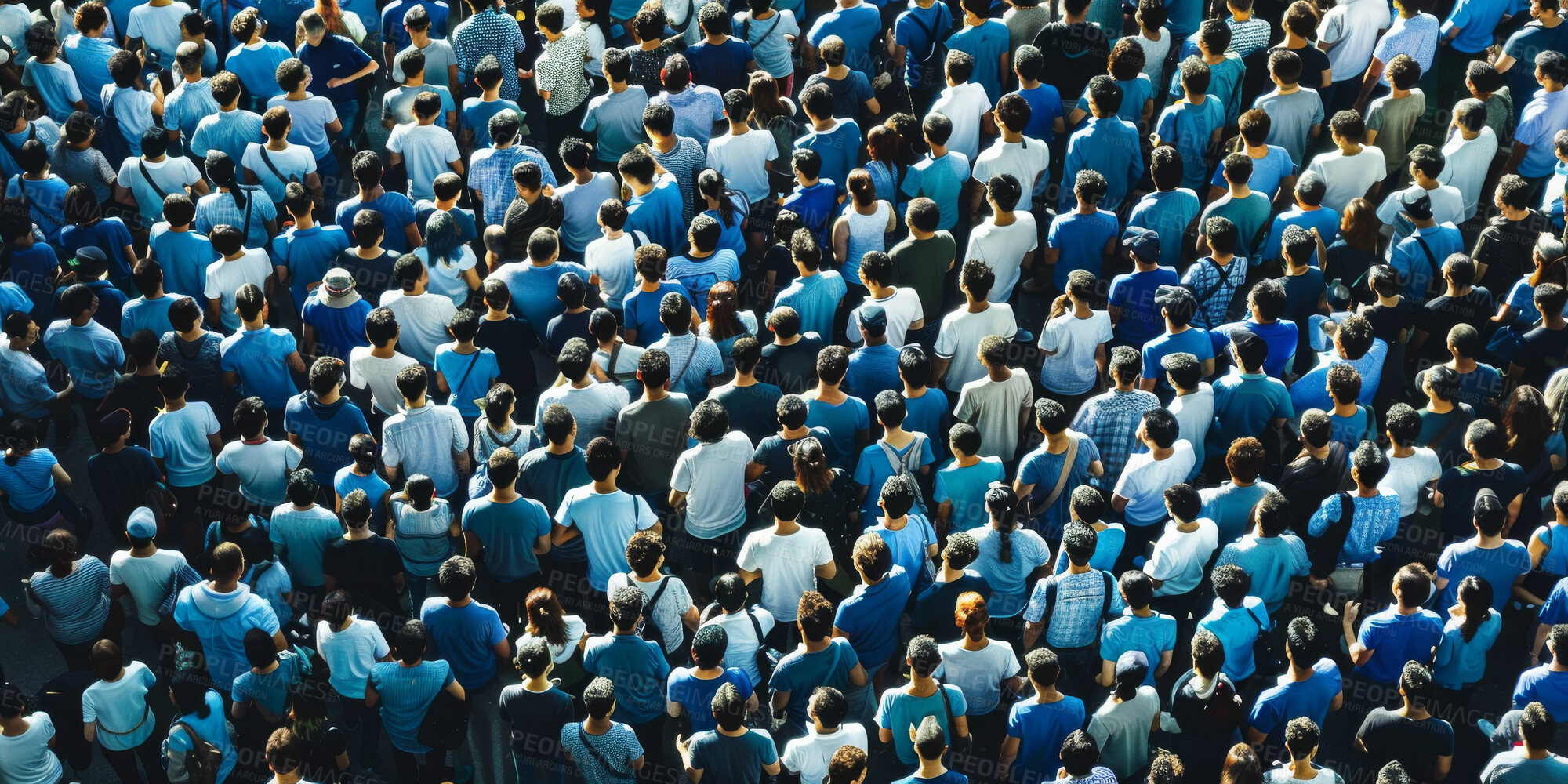 Buy stock photo Drone, people and crowd for political protest of blue party, candidates for change and campaign for elections. Aerial view, group and community in support of human rights, equality and solidarity