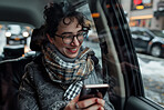 Travel, smile and woman with phone in car for communication, navigation and digital networking. Happy, female person and journey in vehicle with technology for location, information and connectivity