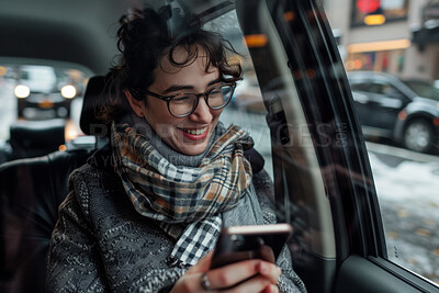 Travel, smile and woman with phone in car for communication, navigation and digital networking. Happy, female person and journey in vehicle with technology for location, information and connectivity
