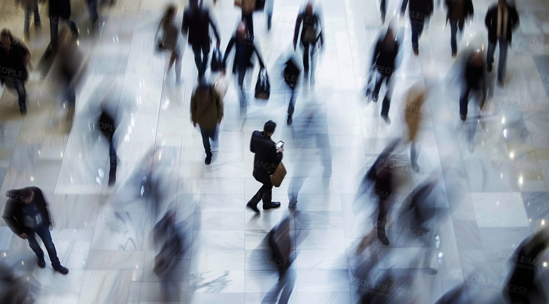 Buy stock photo Rush, motion blur and business people in city for walking to work in busy hour at subway. Travel, speed and group of employees outdoor in urban town for commute at train station for public transport
