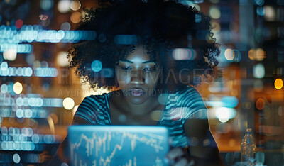 Bokeh, overlay or business woman on tablet in office for global networking, data analytics or trading research at night. Digital, stock market or trader on cryptocurrency app or b2b communication