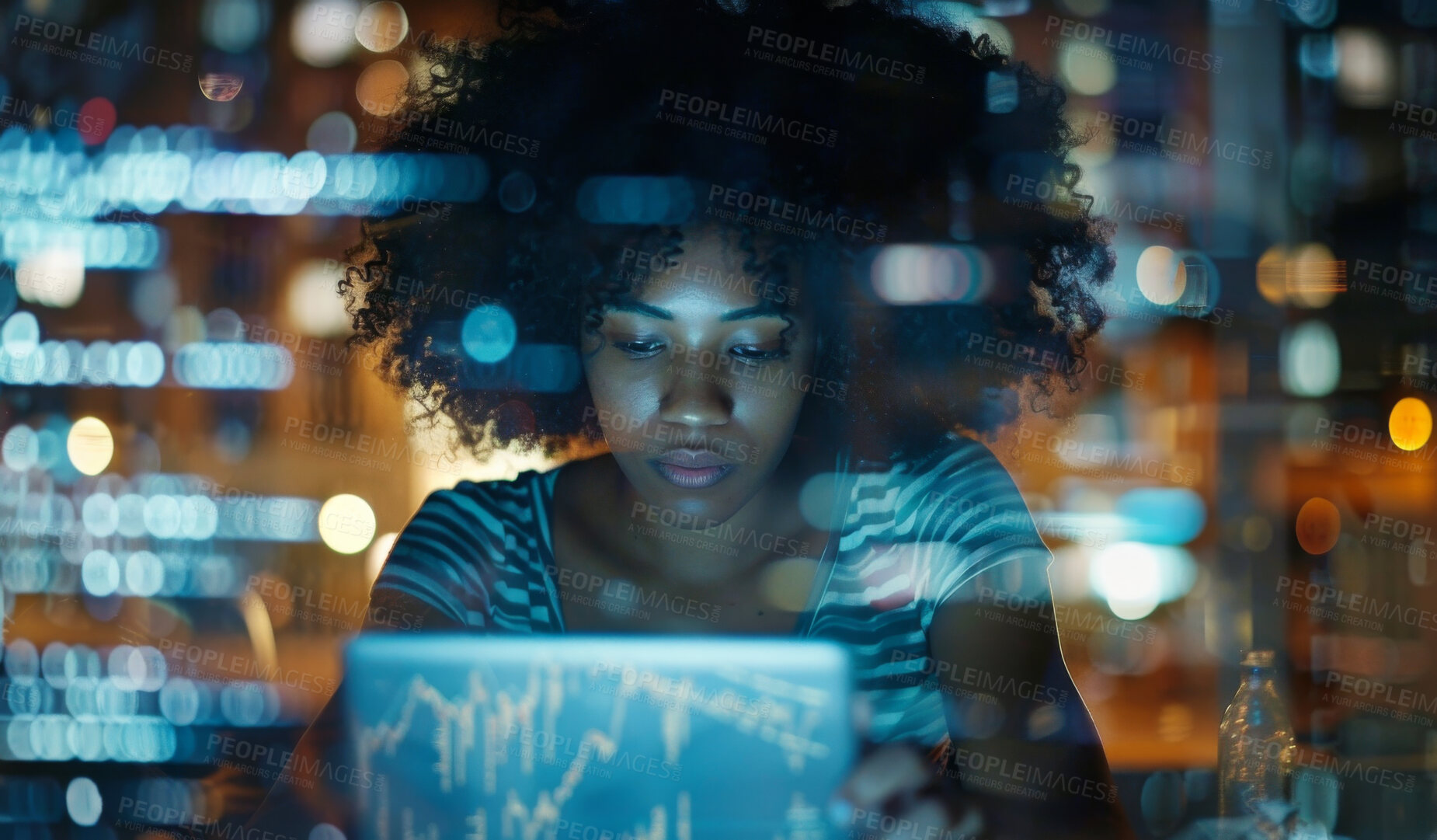 Buy stock photo Bokeh, overlay or business woman on tablet in office for global networking, data analytics or trading research at night. Digital, stock market or trader on cryptocurrency app or b2b communication