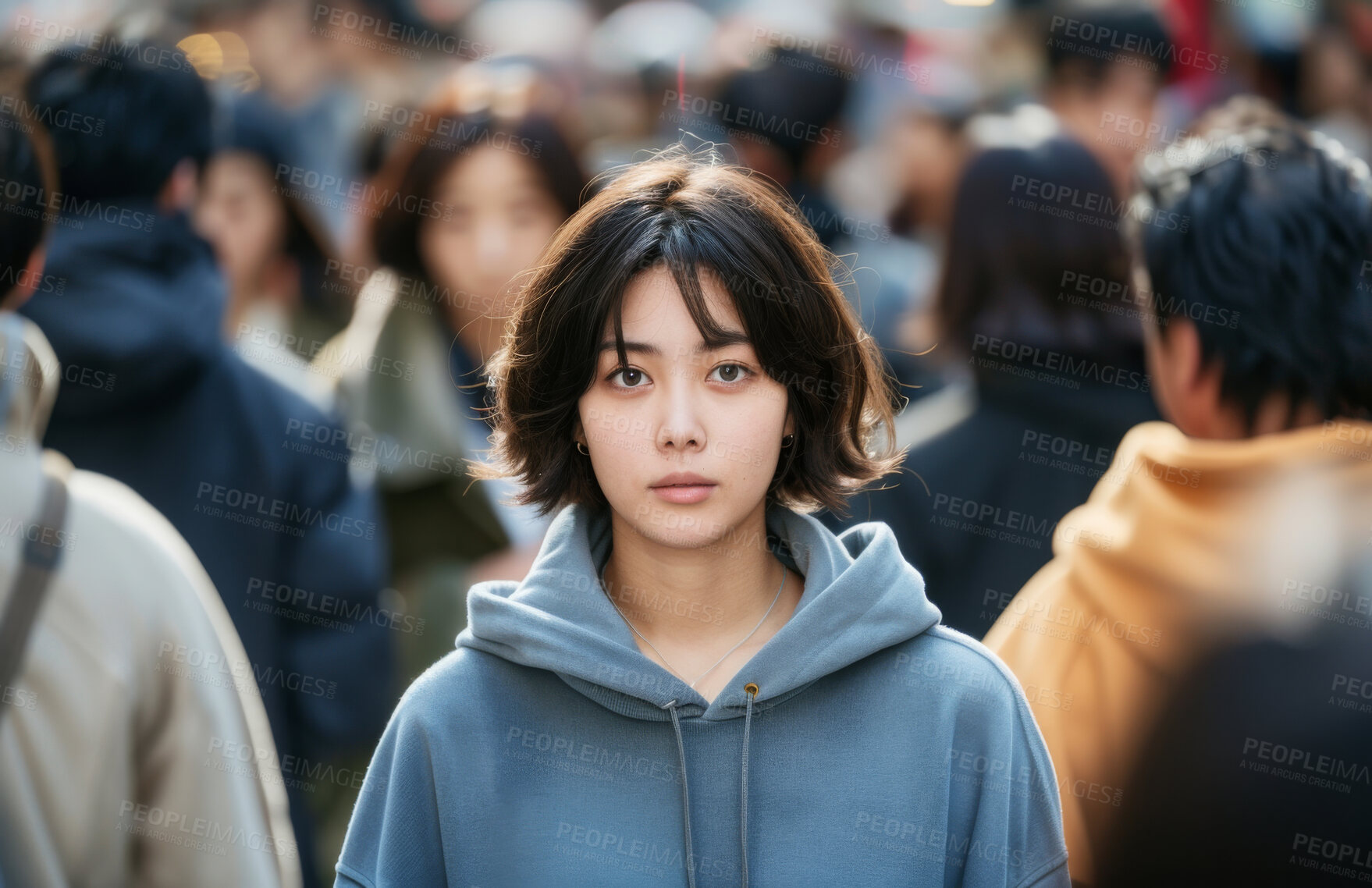 Buy stock photo Travel, portrait and Asian girl in city, town or urban street with crowd on commute, walk or break. Face, busy or Chinese woman on outdoor vacation holiday to explore on journey or adventure in China